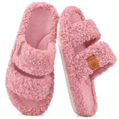 EverFoams Women's Fuzzy Open-Toe Slippers – Stylish Classic Slides with Soft Memory Foam, Non-Slip Rubber Sole, Perfect Cozy Footwear ,Girl Fur Flipflop Walking Shoes Fluffy Modern Sleeper Slip On Clog