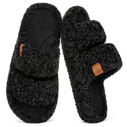 EverFoams Women's Fuzzy Open-Toe Slippers – Stylish Classic Slides with Soft Memory Foam, Non-Slip Rubber Sole, Perfect Cozy Footwear ,Girl Fur Flipflop Walking Shoes Fluffy Modern Sleeper Slip On Clog