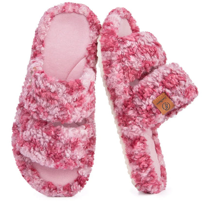 EverFoams Women's Fuzzy Open-Toe Slippers – Stylish Classic Slides with Soft Memory Foam, Non-Slip Rubber Sole, Perfect Cozy Footwear ,Girl Fur Flipflop Walking Shoes Fluffy Modern Sleeper Slip On Clog