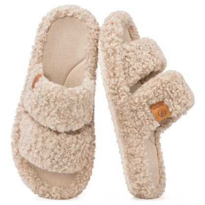 EverFoams Women's Fuzzy Open-Toe Slippers – Stylish Classic Slides with Soft Memory Foam, Non-Slip Rubber Sole, Perfect Cozy Footwear ,Girl Fur Flipflop Walking Shoes Fluffy Modern Sleeper Slip On Clog