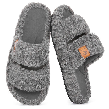 EverFoams Women's Fuzzy Open-Toe Slippers – Stylish Classic Slides with Soft Memory Foam, Non-Slip Rubber Sole, Perfect Cozy Footwear ,Girl Fur Flipflop Walking Shoes Fluffy Modern Sleeper Slip On Clog