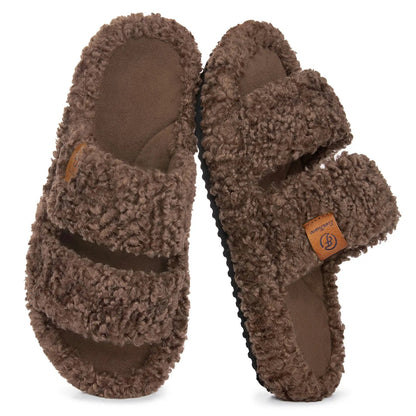 EverFoams Women's Fuzzy Open-Toe Slippers – Stylish Classic Slides with Soft Memory Foam, Non-Slip Rubber Sole, Perfect Cozy Footwear ,Girl Fur Flipflop Walking Shoes Fluffy Modern Sleeper Slip On Clog
